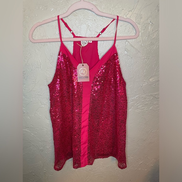 DESTINED TO SHINE HOT PINK SEQUIN TANK Size Small NWT - Picture 2 of 4